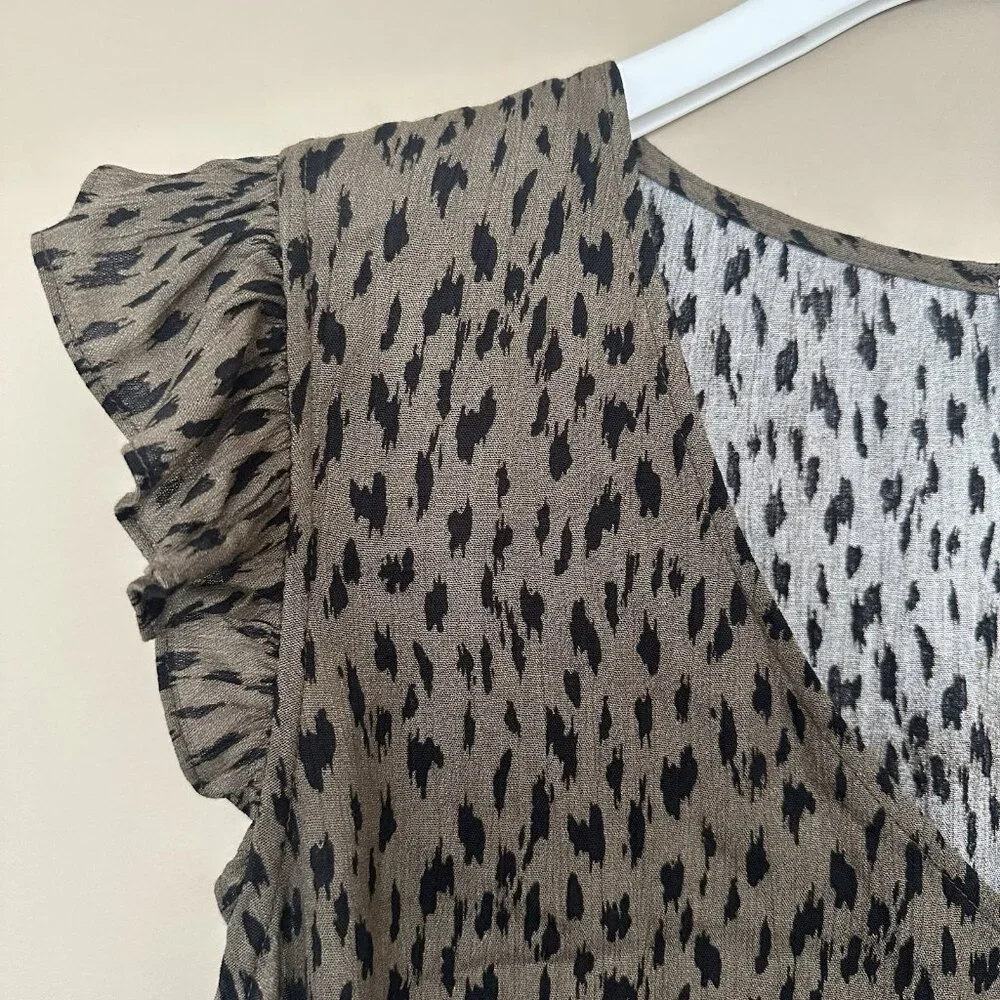 Olive Green Animal Print Flutter Sleeve V-neck Top Women L Feminine Date Night - Picture 5 of 7